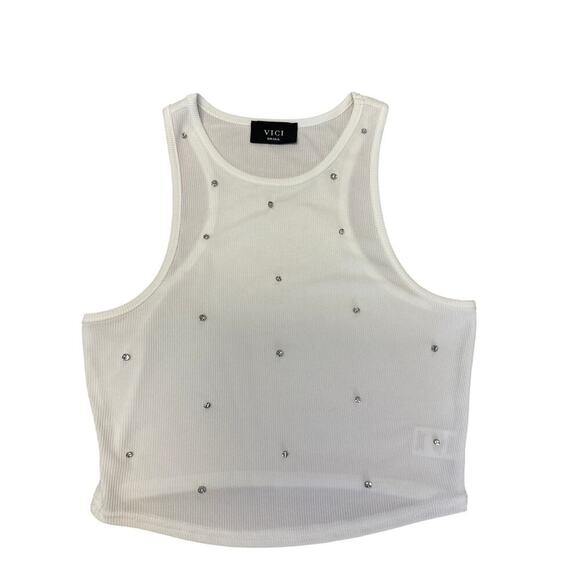 VICI Sleeveless Tank Top w Rhinestones White Womens Small Bling concert summer - Picture 2 of 4